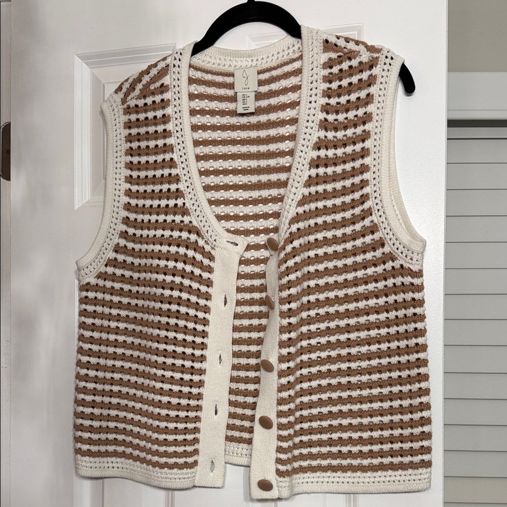 Joie Striped Knit Sweater Vest - Cream and Brown- L